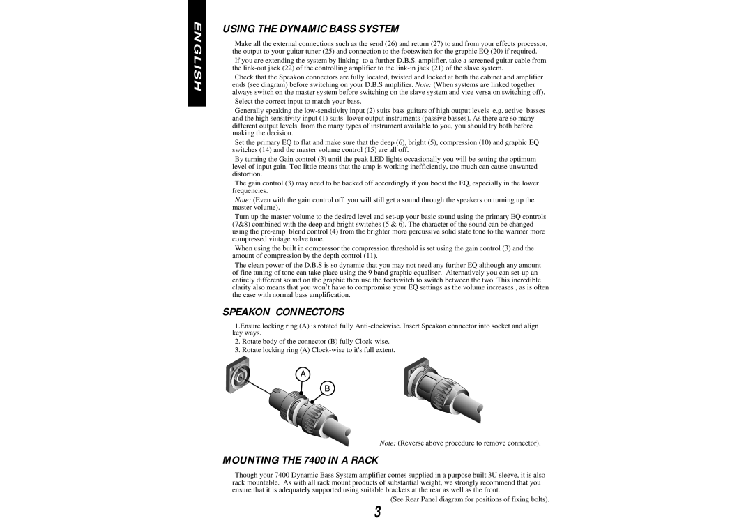 Marshall Amplification DBS 7400 manual Using the Dynamic Bass System, Speakon Connectors, Mounting the 7400 in a Rack 