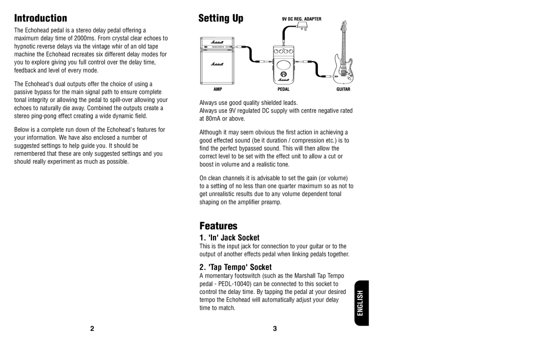 Marshall Amplification Echohead owner manual Introduction, Setting Up, Features, Jack Socket, Tap Tempo Socket 