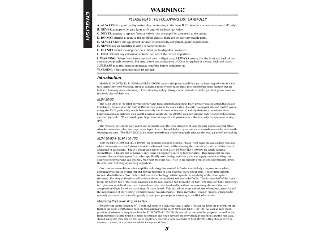 Marshall Amplification EL84 20/20 manual Introduction, EL34 50/50 & EL34 100/100, Mounting the Power Amp in a Rack 