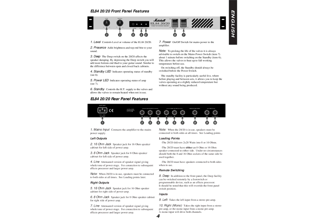 Marshall Amplification manual EL84 20/20 Front Panel Features, EL84 20/20 Rear Panel Features 