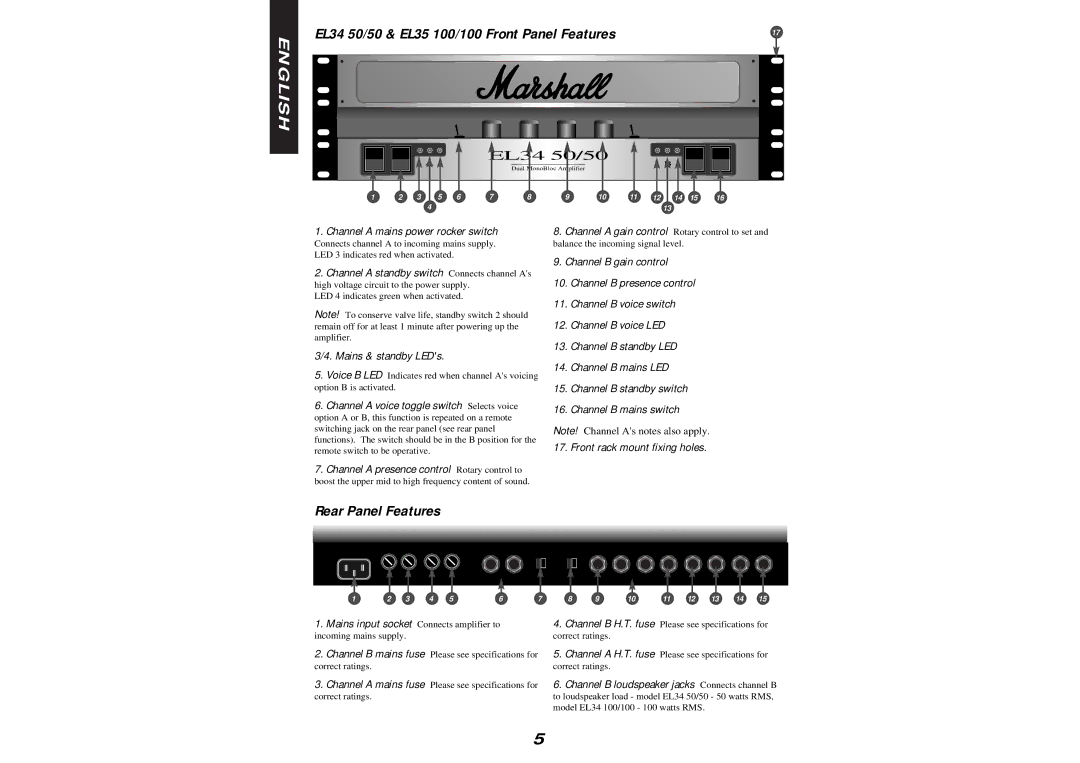 Marshall Amplification EL84 20/20 manual EL34 50/50 & EL35 100/100 Front Panel Features, Rear Panel Features 