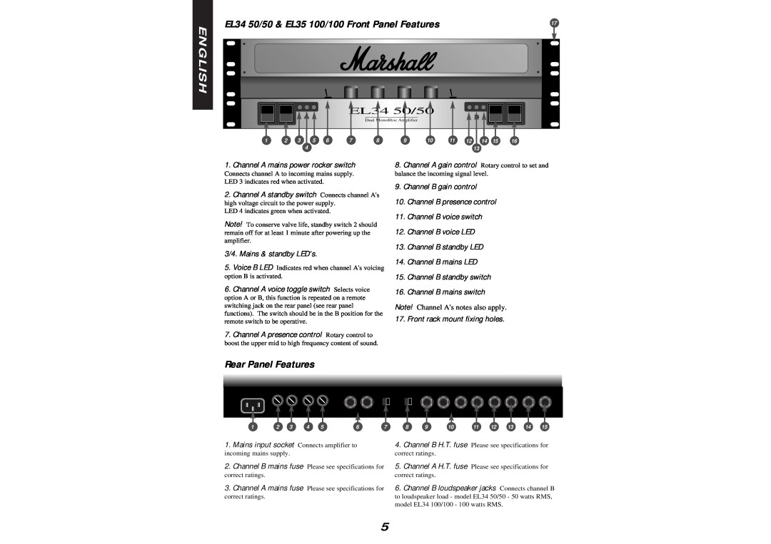 Marshall Amplification EL84 20/20 manual EL34 50/50 & EL35 100/100 Front Panel Features, Rear Panel Features, English 