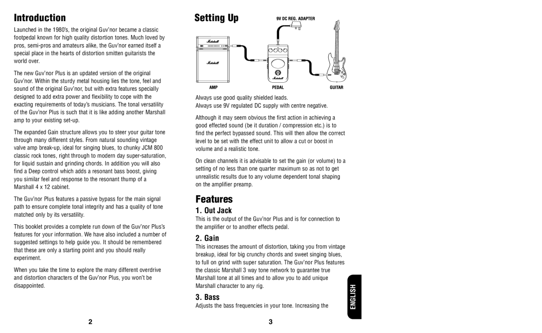 Marshall Amplification GV-2 owner manual Introduction, Setting Up, Features 