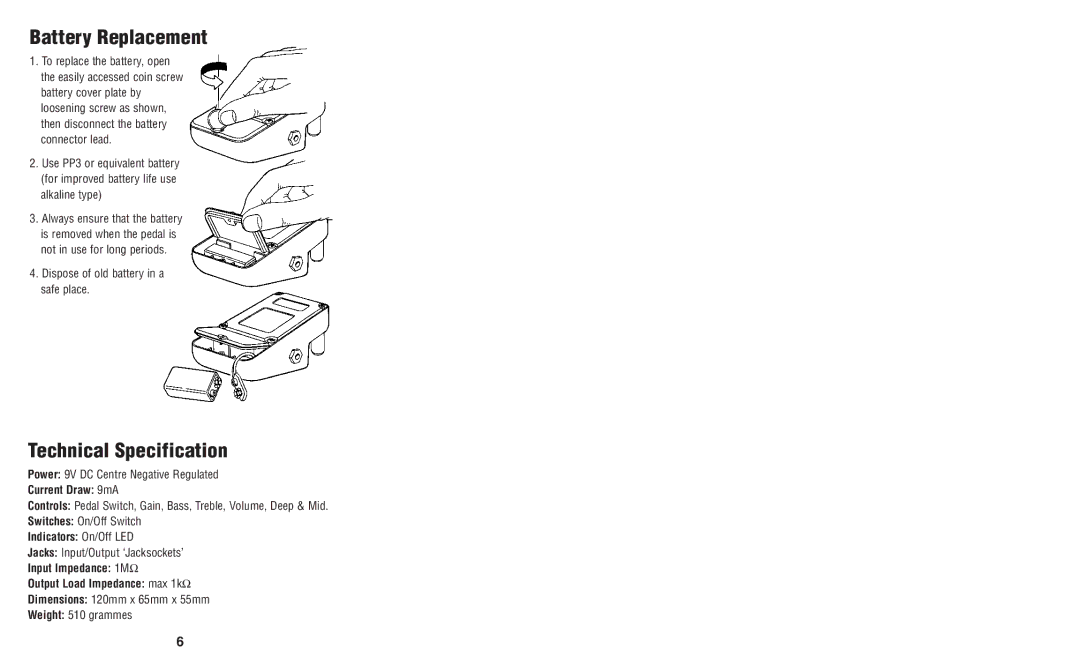 Marshall Amplification GV-2 owner manual Battery Replacement, Technical Specification 