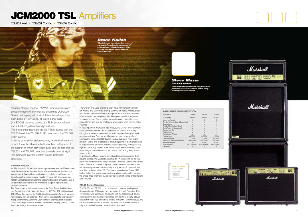 Marshall Amplification JCM800 Series Bruce Kulick, Steve Mazur, Common Ground, TSL60 Series Speakers, Features TSL60 