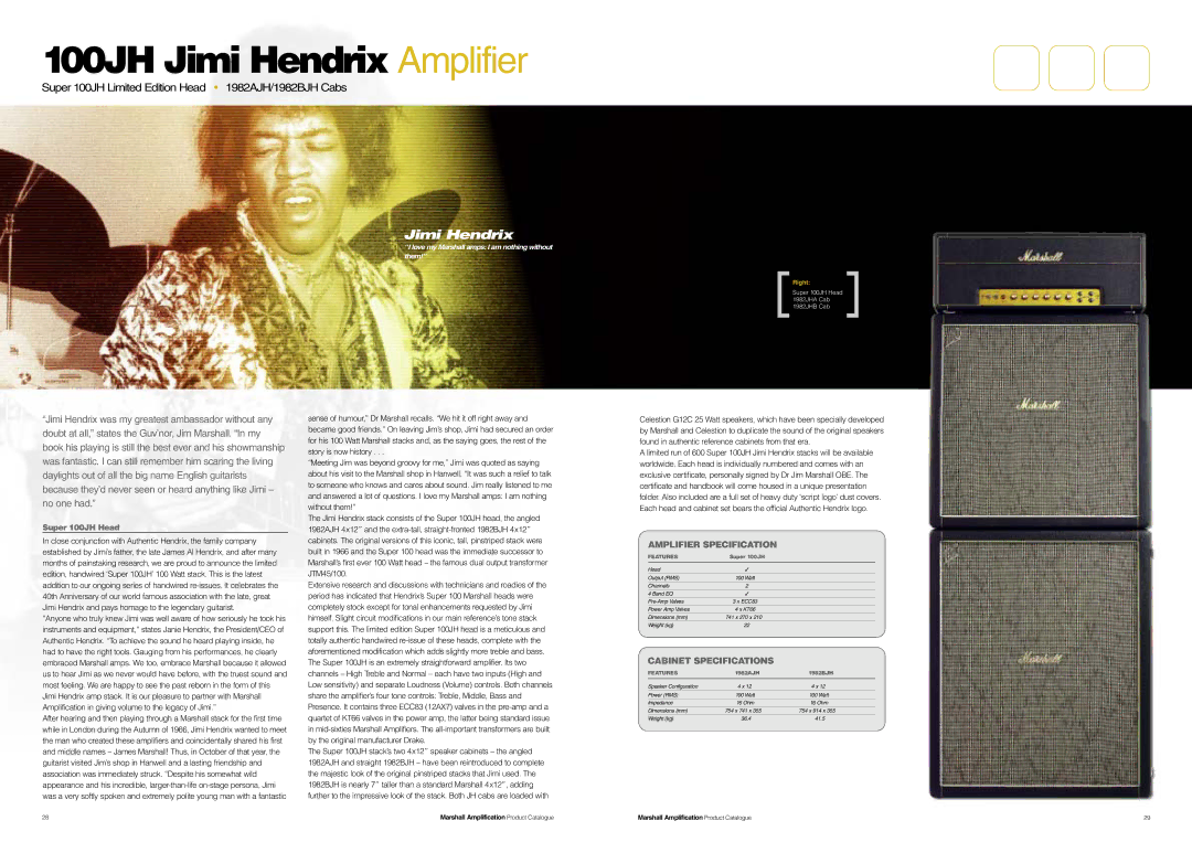 Marshall Amplification JCM800 Series specifications 100JH Jimi Hendrix Amplifier, Cabinet Specifications, Super 100JH Head 