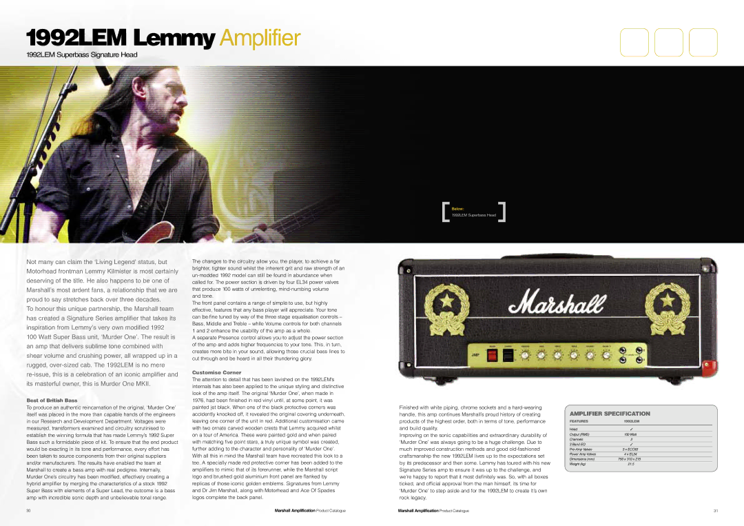 Marshall Amplification JCM800 Series specifications 1992LEM LemmyAmplifier, Best of British Bass, Customise Corner 