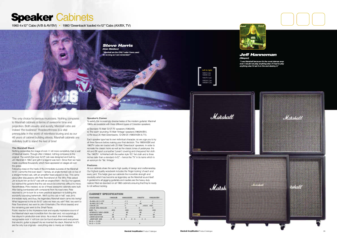 Marshall Amplification JCM800 Series specifications Speaker Cabinets, Steve Harris, Jeff Hanneman, Marshall Stack, Features 