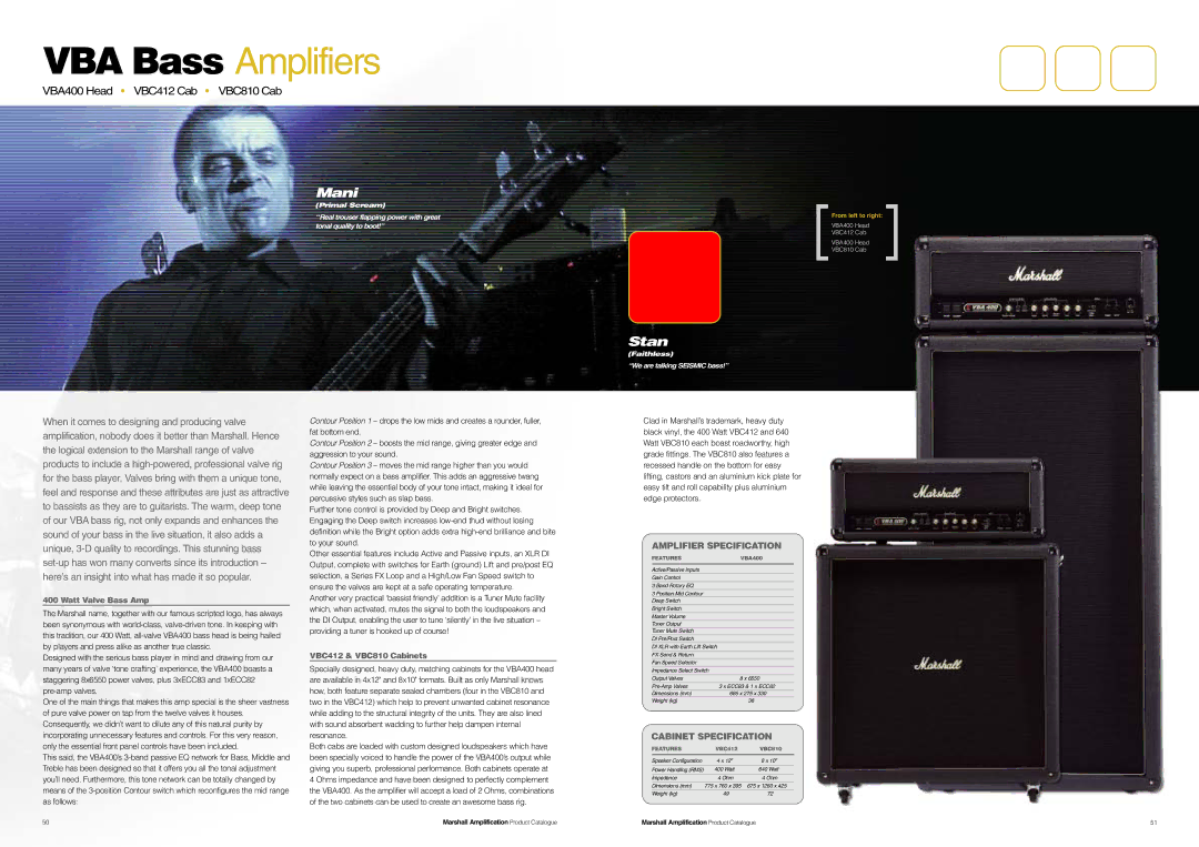 Marshall Amplification JCM800 Series specifications Mani, Stan, Watt Valve Bass Amp, VBC412 & VBC810 Cabinets 