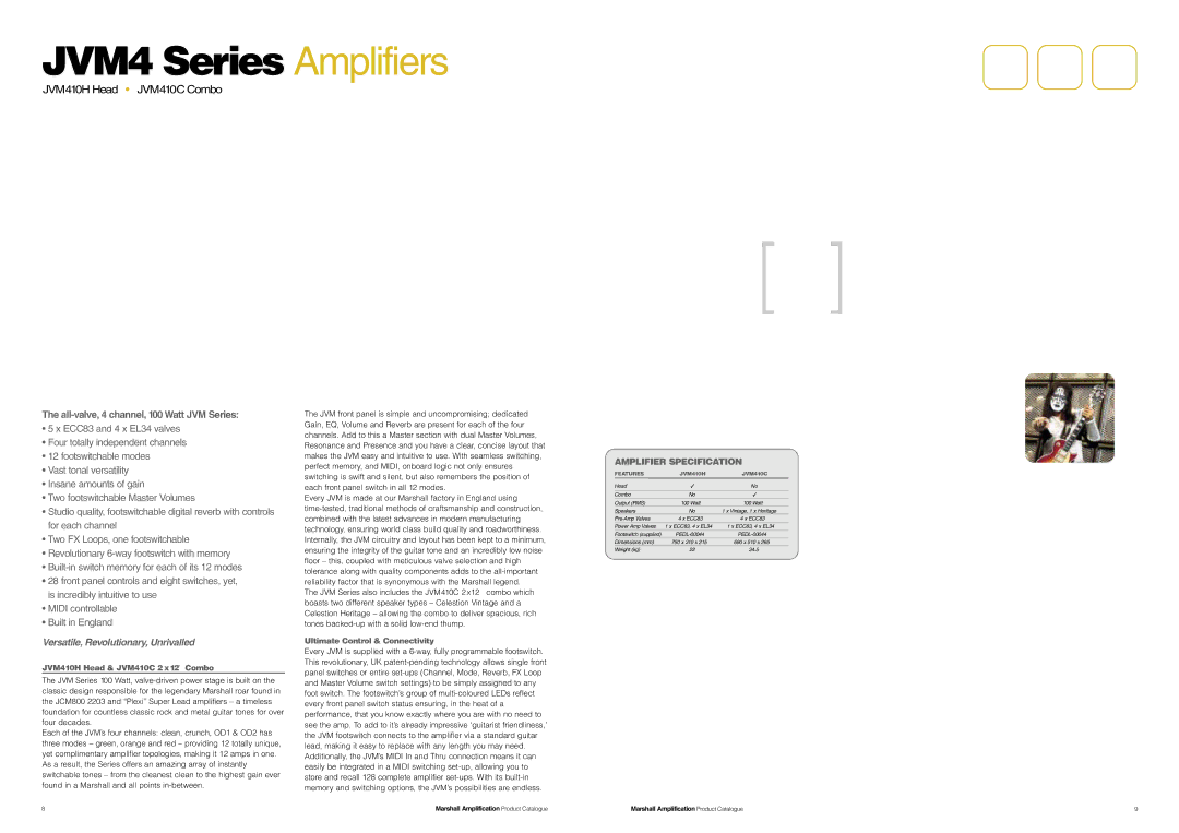 Marshall Amplification JCM800 Series specifications JVM4 Series Amplifiers, Jason Hook, JVM410H Head & JVM410C 2x12 Combo 