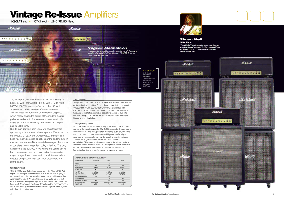 Marshall Amplification JCM800 Series specifications Vintage Re-Issue Amplifiers, Yngwie Malmsteen, Simon Neil 