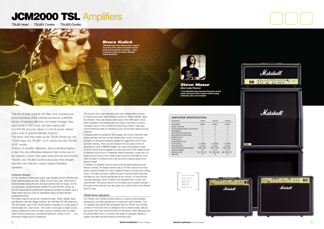 Marshall Amplification JCM800 Series specifications Bruce Kulick, Steve Mazur, JCM2000 TSL Amplifiers 