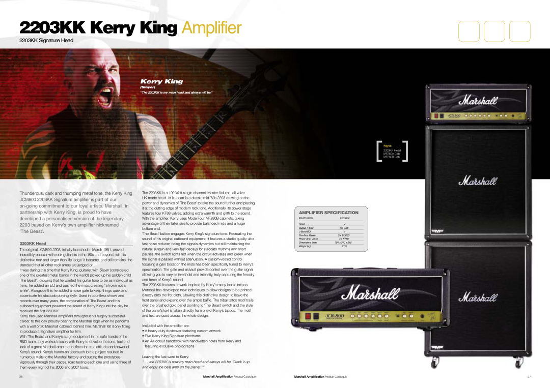 Marshall Amplification JCM800 Series 2203KK Kerry King Amplifier, 2203KK Signature Head, Amplifier Specification 