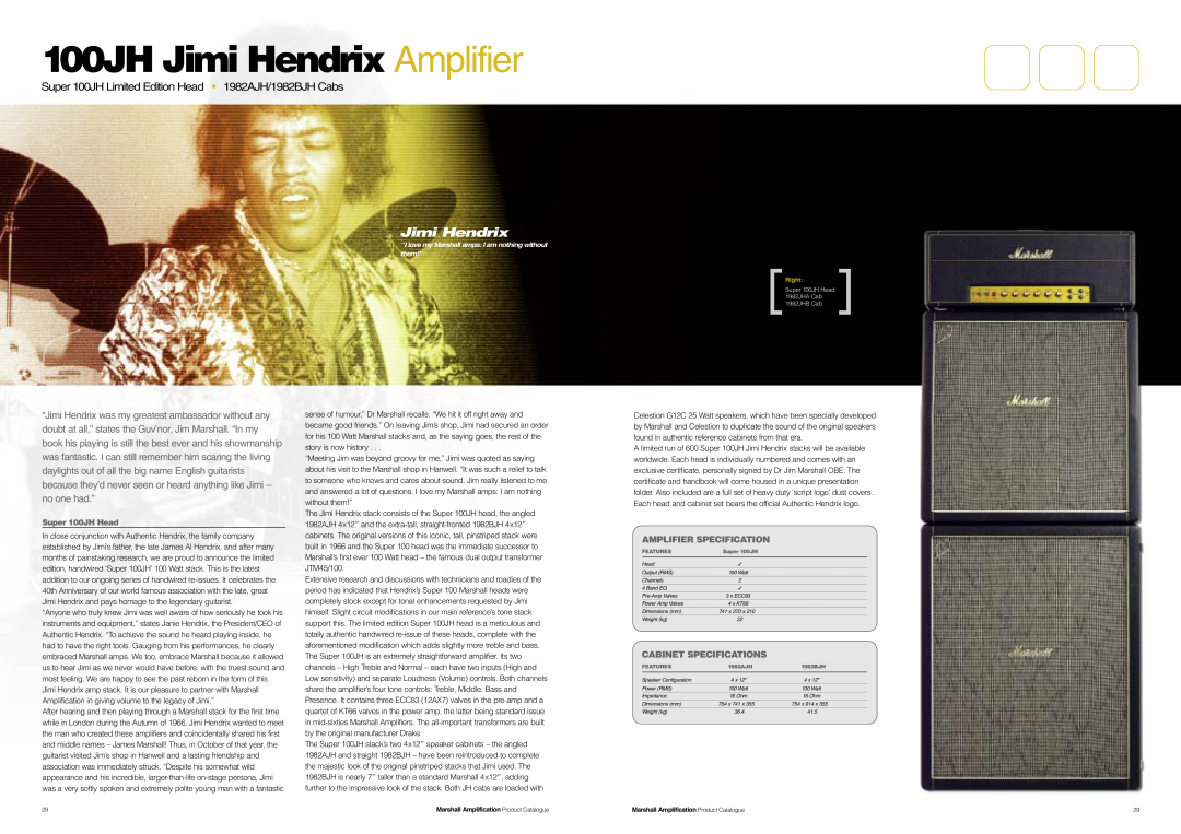 Marshall Amplification JCM800 Series 100JH Jimi Hendrix Amplifier, Amplifier Specification, Cabinet Specifications 