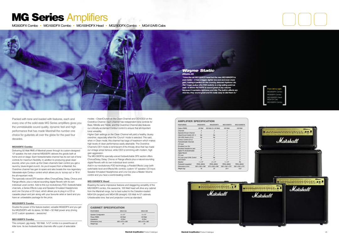 Marshall Amplification JCM800 Series Wayne Static, MG Series Amplifiers, Amplifier Specification, Cabinet Specification 