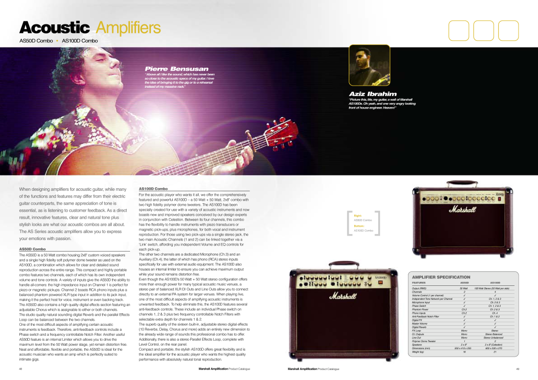 Marshall Amplification JCM800 Series Acoustic Amplifiers, Pierre Bensusan, Aziz Ibrahim, AS50D Combo AS100D Combo 