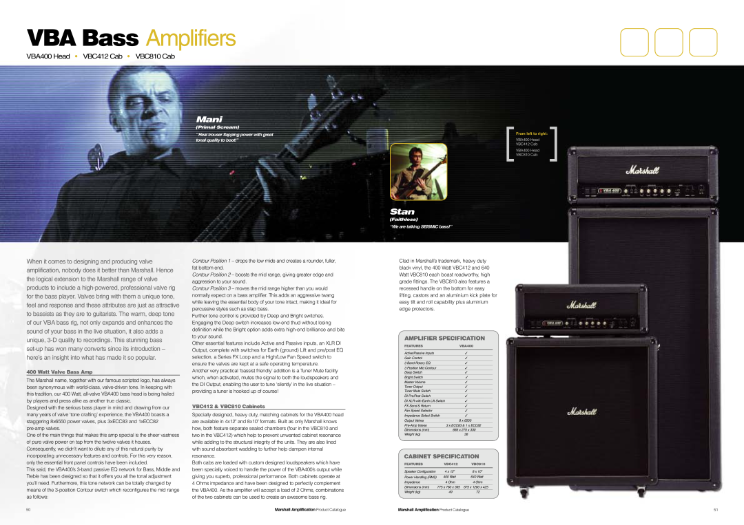 Marshall Amplification JCM800 Series specifications VBA Bass Amplifiers, Mani, Stan, VBA400 Head VBC412 Cab VBC810 Cab 