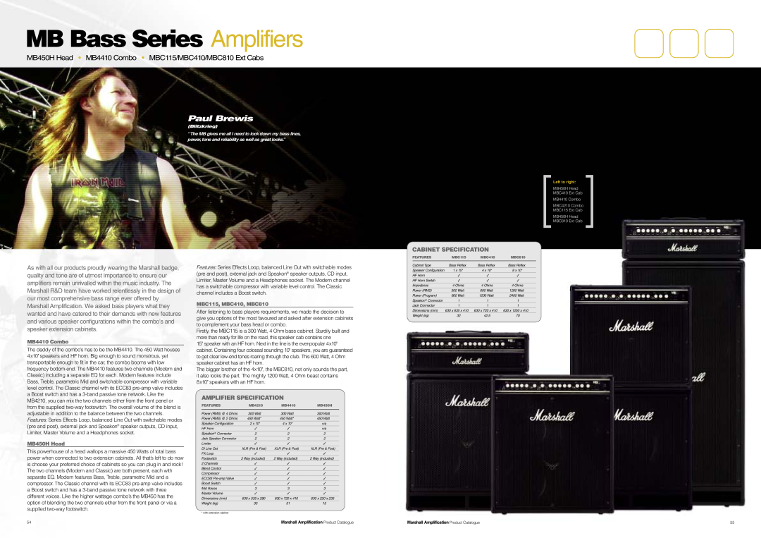 Marshall Amplification JCM800 Series Paul Brewis, MB Bass Series Amplifiers, Cabinet Specification, MB4410 Combo 