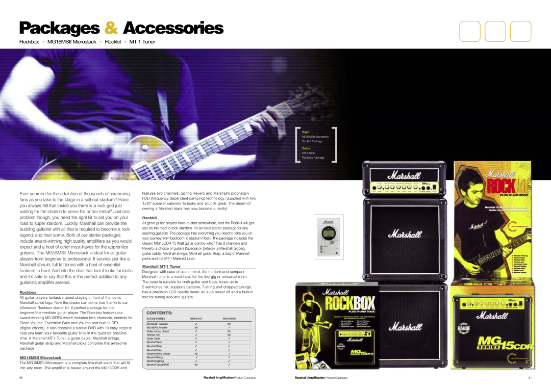 Marshall Amplification JCM800 Series specifications Packages & Accessories, Contents, Rockbox, MG15MSII Microstack, Rockkit 