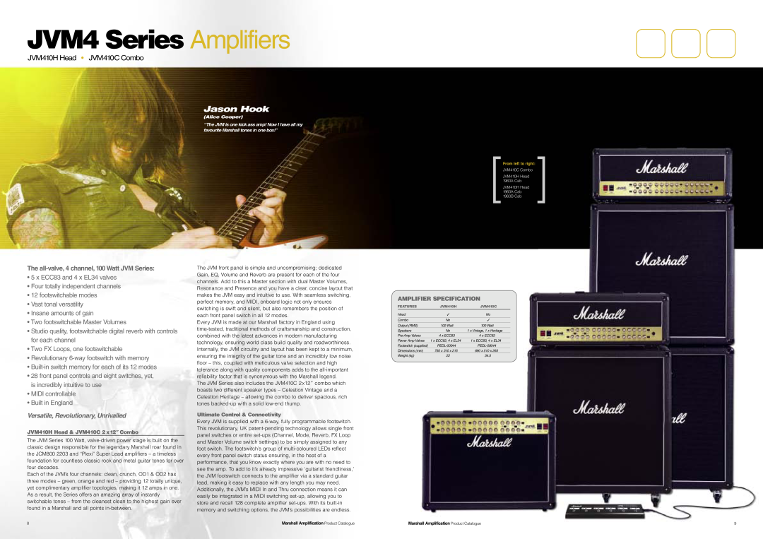 Marshall Amplification JCM800 Series specifications JVM4 Series Amplifiers, Jason Hook, JVM410H Head JVM410C Combo 