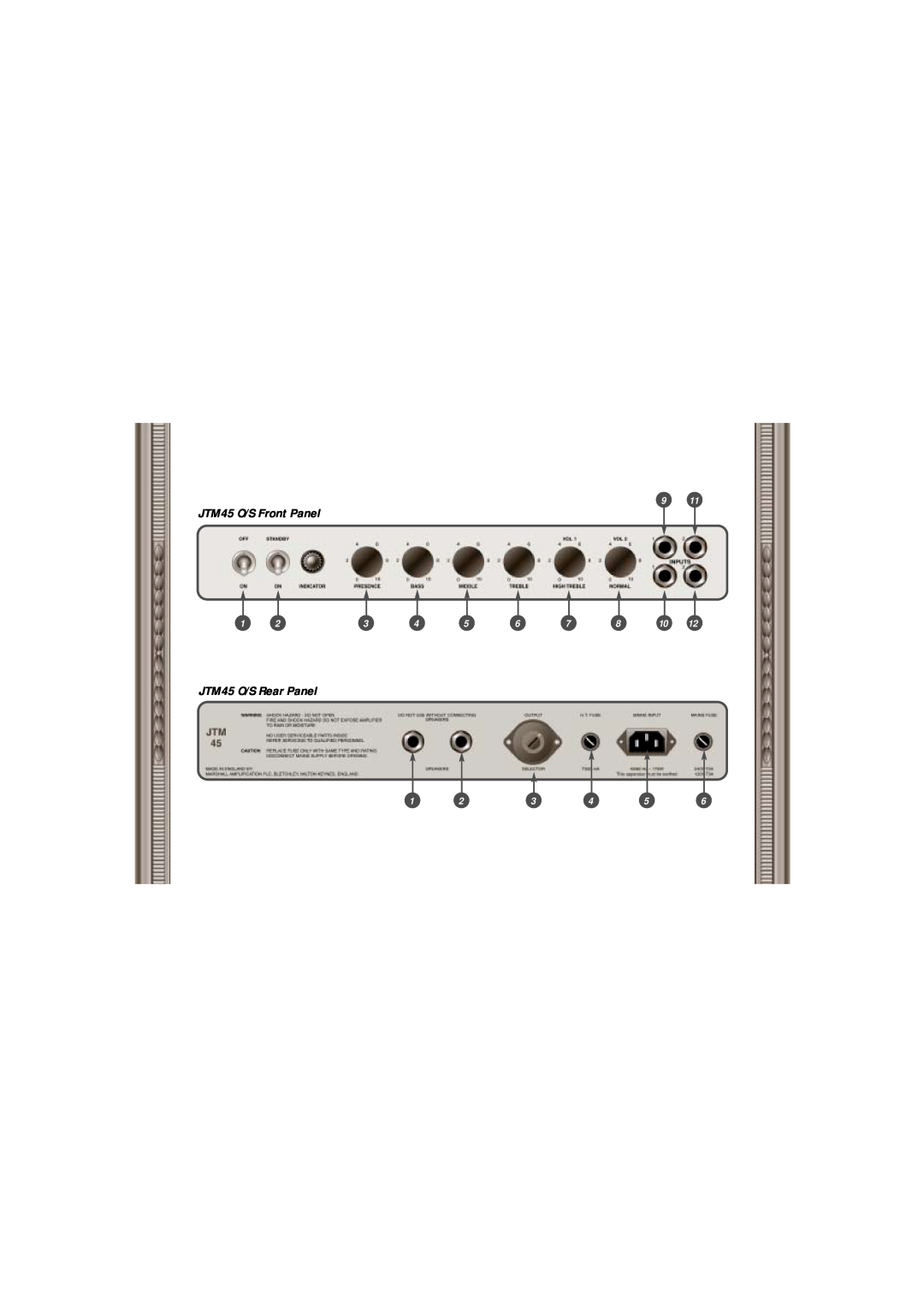 Marshall Amplification manual JTM45 O/S Front Panel, JTM45 O/S Rear Panel 