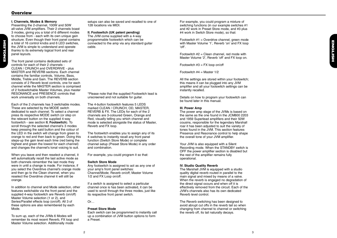 Marshall Amplification JVM 2 Overview, Switch Store Mode, Preset Store Mode, III. Power Amp, IV. Studio Quality Reverb 