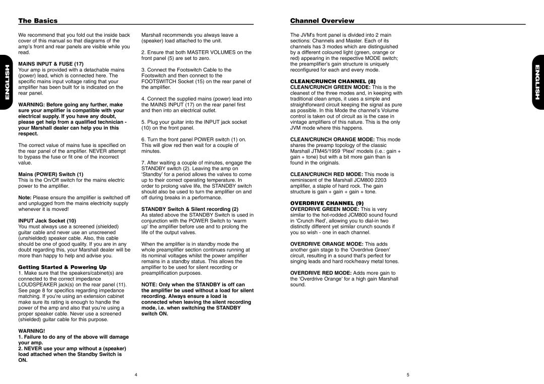 Marshall Amplification JVM 2 manual Basics Channel Overview, Mains Input & Fuse 