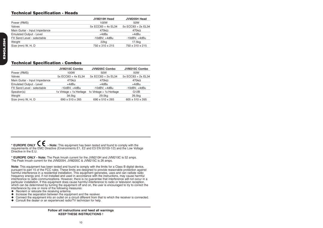 Marshall Amplification JVM 2 manual Technical Specification Heads, Technical Specification Combos, Keep These Instructions 