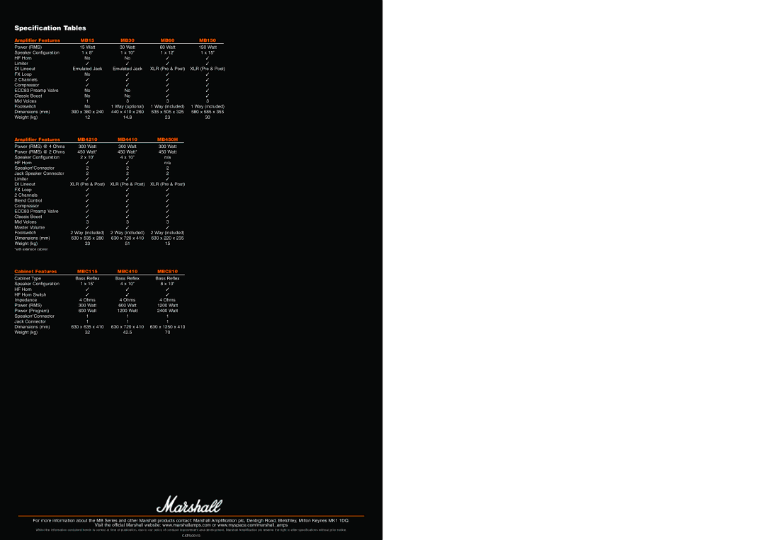 Marshall Amplification MB Series manual Amplifier Features MB15 MB30 MB60 MB150, Amplifier Features MB4210 MB4410 MB450H 