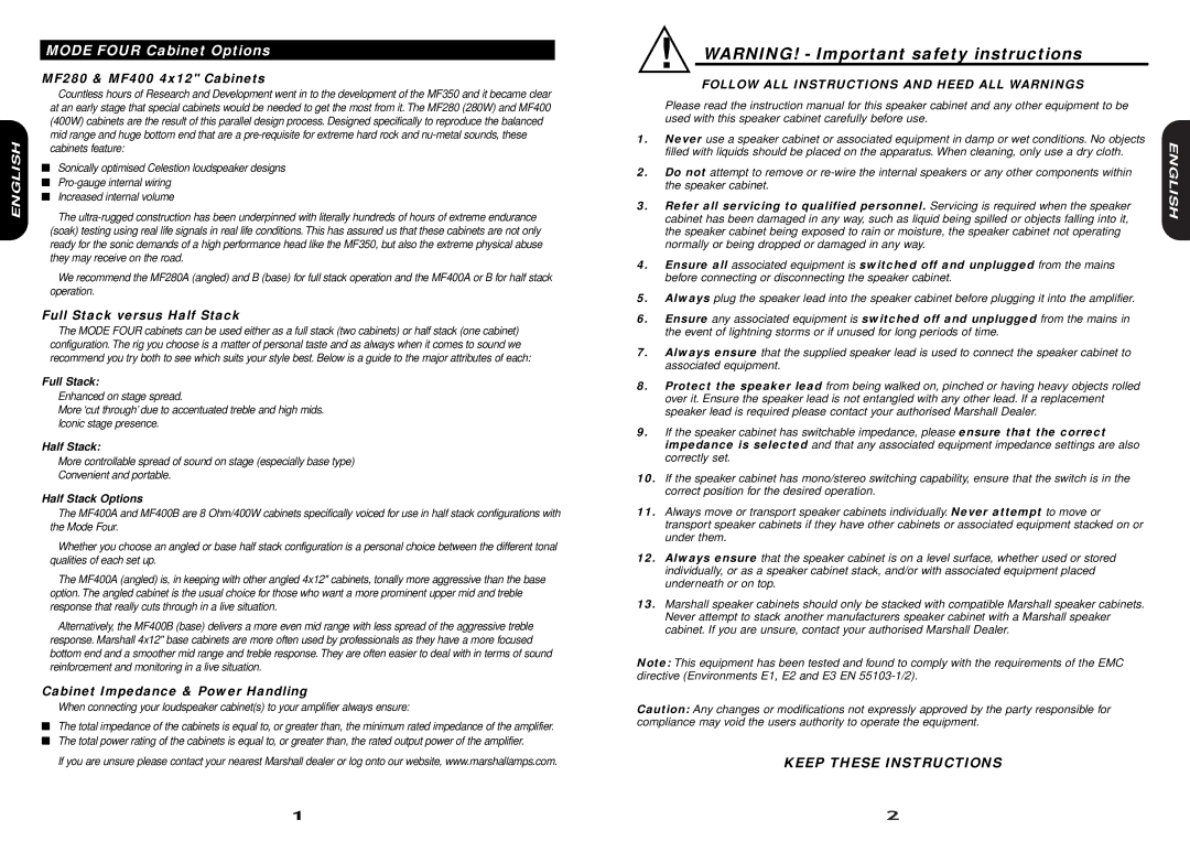 Marshall Amplification manual Mode Four Cabinet Options, MF280 & MF400 4x12 Cabinets, Full Stack versus Half Stack 