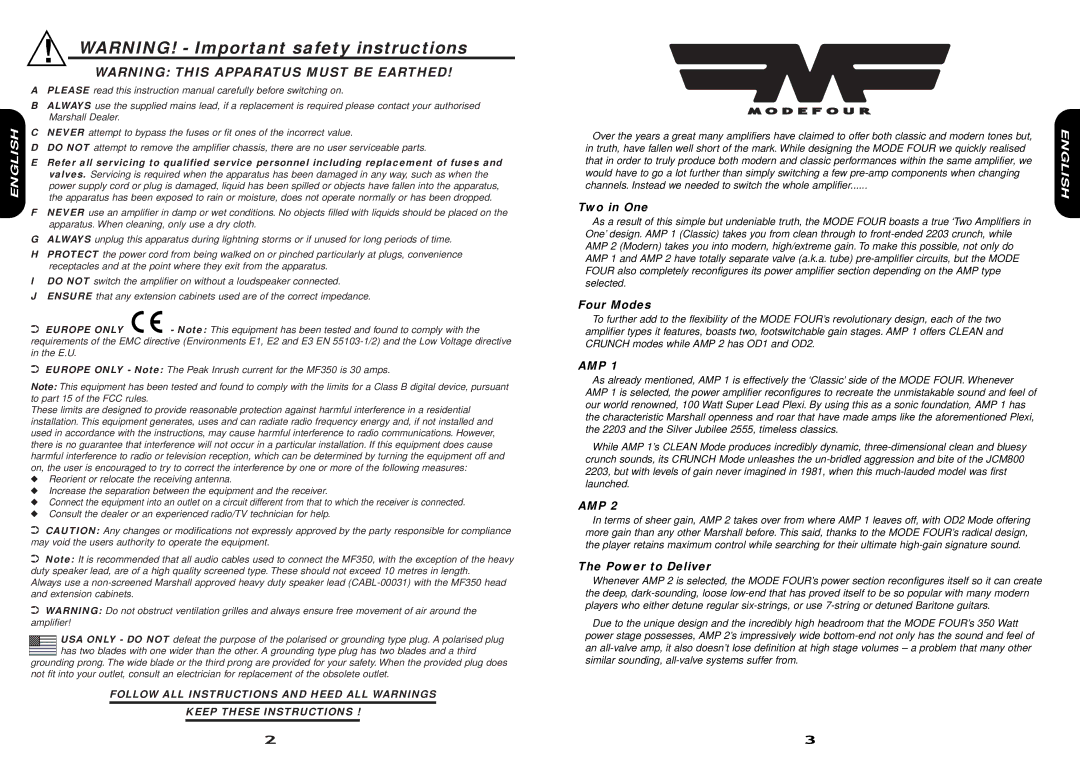 Marshall Amplification MF350 owner manual Two in One, Four Modes, Amp, Power to Deliver 