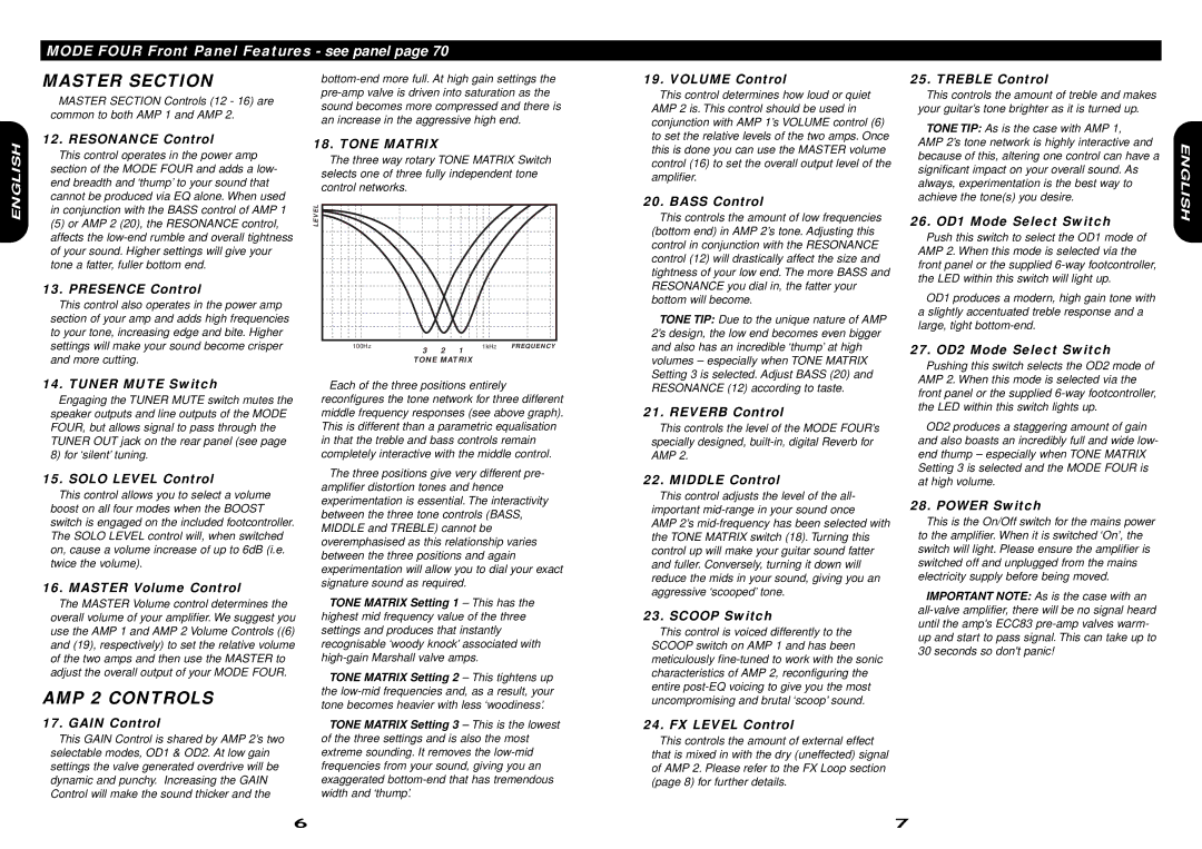 Marshall Amplification MF350 owner manual Master Section, AMP 2 Controls, Tone Matrix 