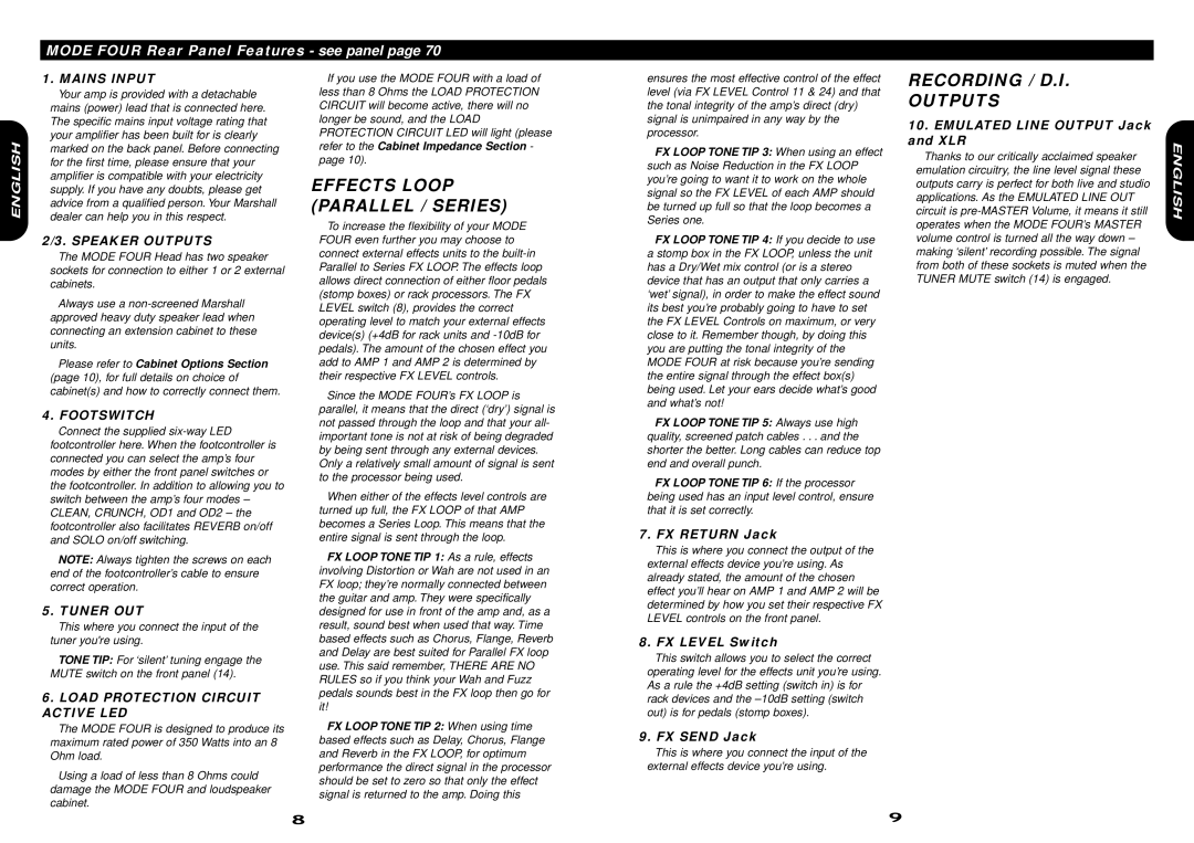 Marshall Amplification MF350 owner manual Effects Loop Parallel / Series, Recording / D.I Outputs 