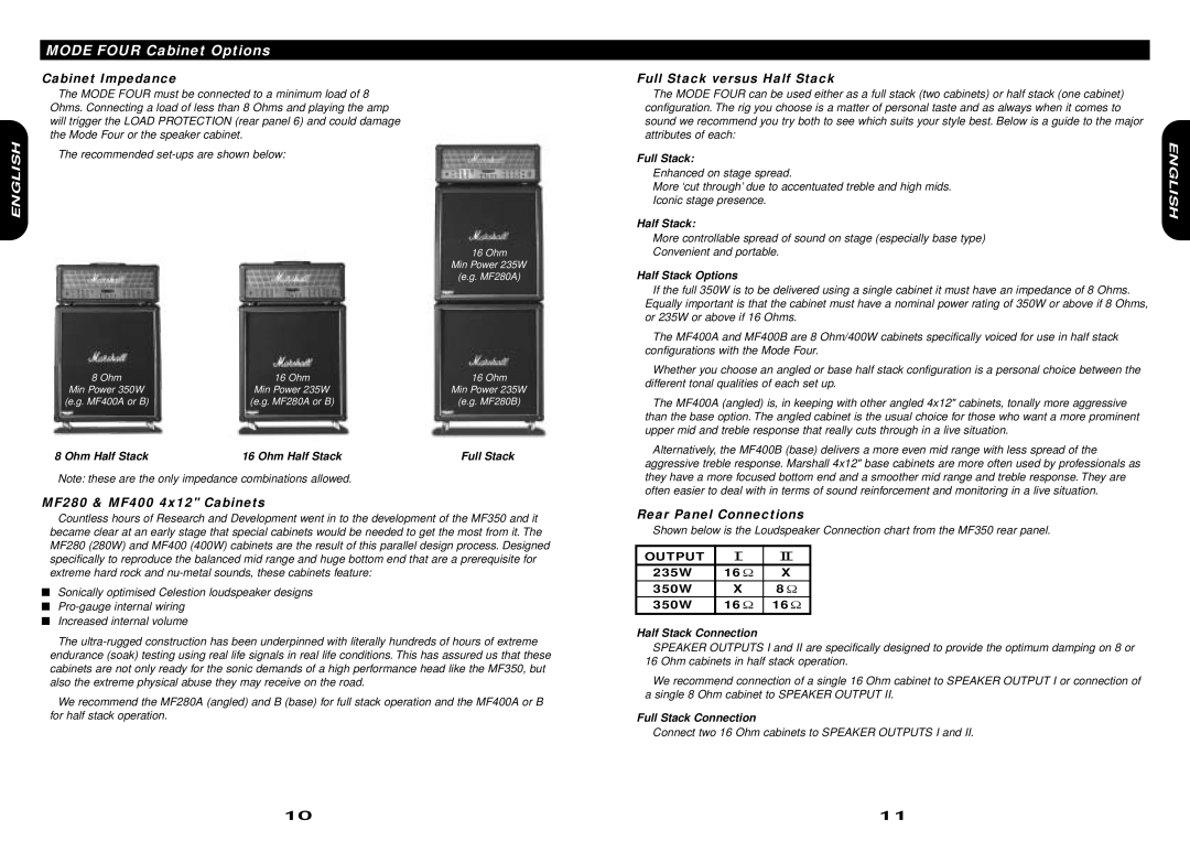 Marshall Amplification MF350 owner manual Mode Four Cabinet Options, Cabinet Impedance, MF280 & MF400 4x12 Cabinets 