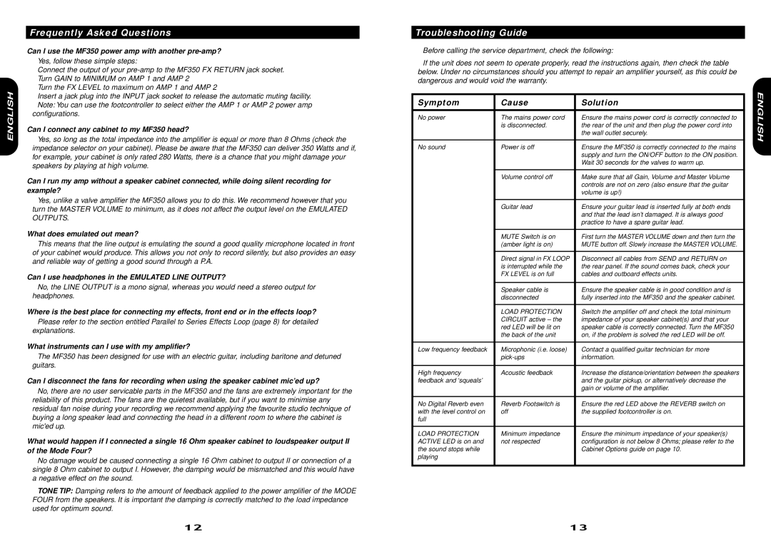 Marshall Amplification MF350 owner manual Frequently Asked Questions, Troubleshooting Guide, Symptom Cause Solution 