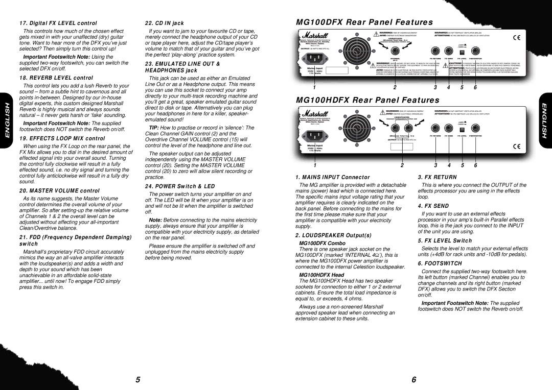 Marshall Amplification MG100HDFX, MG100DFX owner manual FX Return, FX Send, Footswitch 