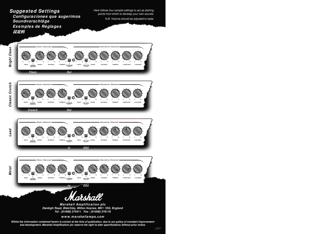 Marshall Amplification MG100HDFX, MG100DFX owner manual Suggested Settings, Classic Crunch Bright Clean 