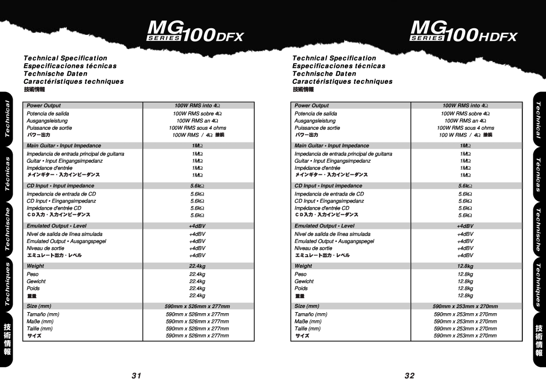 Marshall Amplification MG100DFX Technical Specification, Especificaciones técnicas, Technische Daten, 100HDFX, S E R I E S 