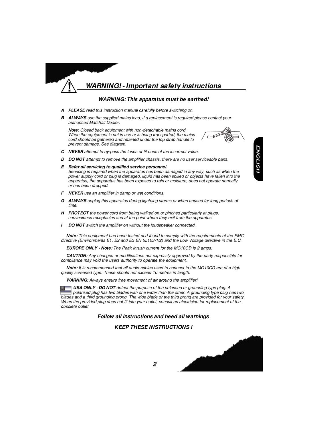 Marshall Amplification MG10CD owner manual Refer all servicing to qualified service personnel 