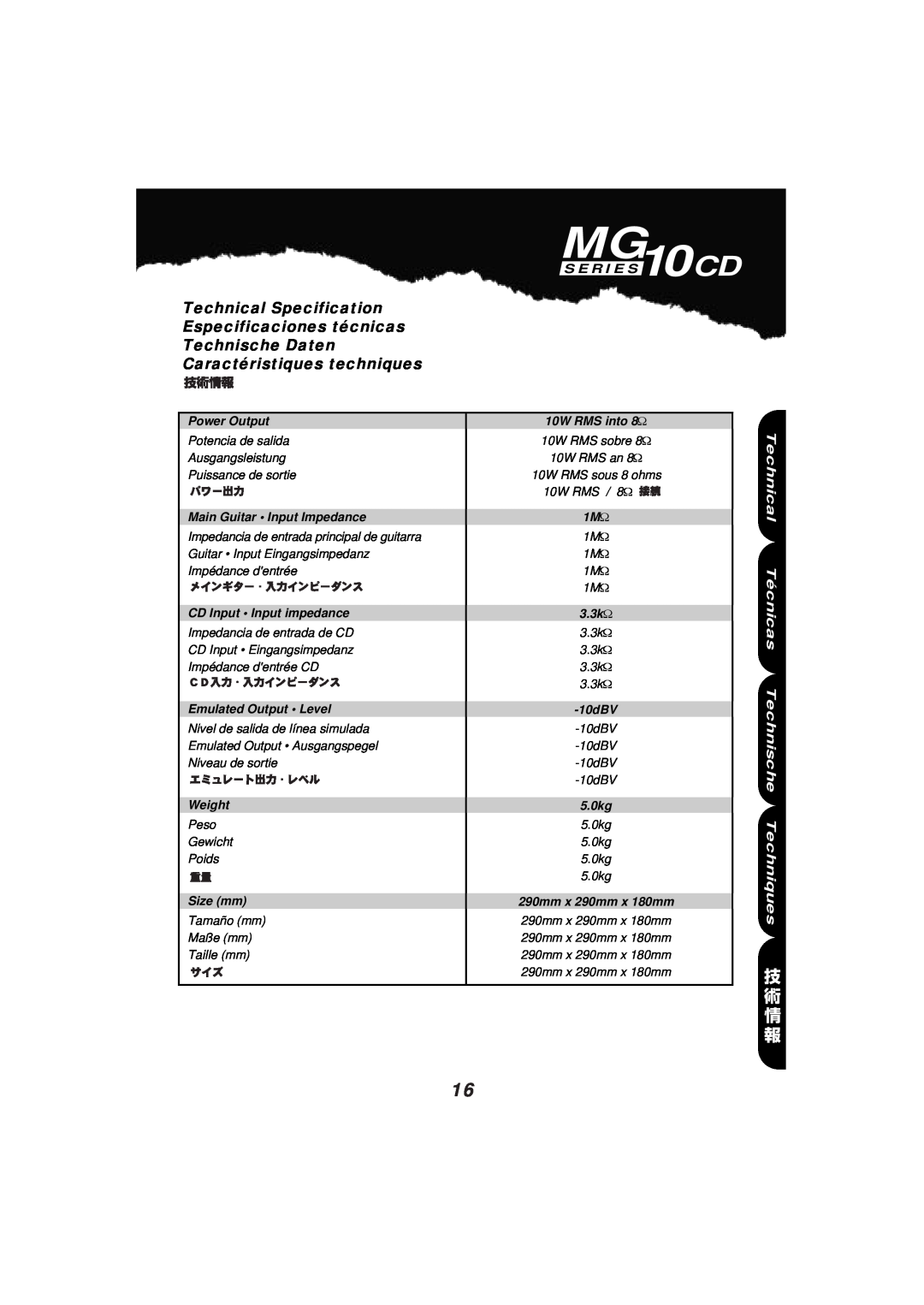 Marshall Amplification MG10CD Technical Técnicas Technische Techniques, Technical Specification, Especificaciones técnicas 