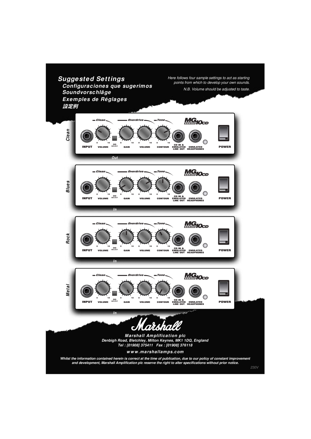 Marshall Amplification MG10CD Suggested Settings, Configuraciones que sugerimos, Soundvorschläge, Exemples de Réglages 