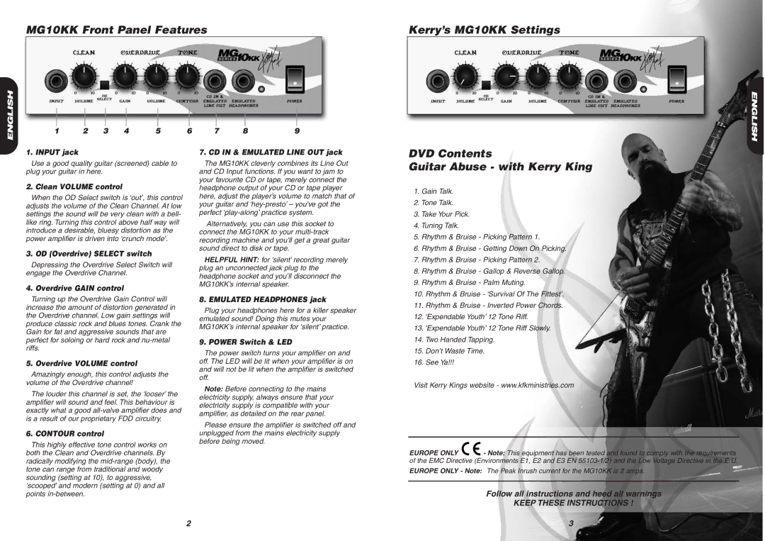 Marshall Amplification MG10KK Front Panel Features, Kerry’s MG10KK Settings, DVD Contents Guitar Abuse with Kerry King 