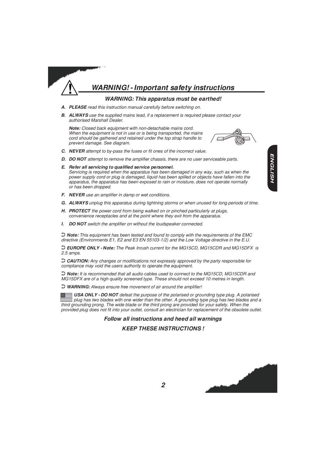 Marshall Amplification MG15 Series owner manual Refer all servicing to qualified service personnel 