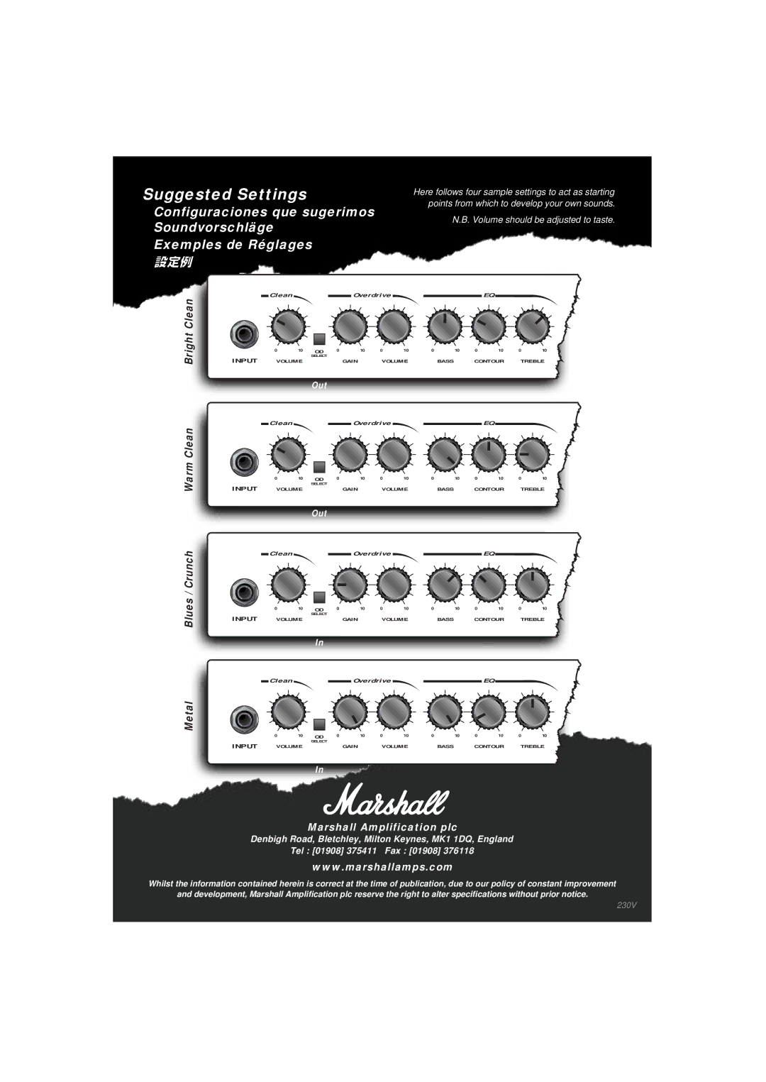 Marshall Amplification MG15 Series owner manual Suggested Settings, Bright Clean Warm Clean Blues / Crunch Metal 