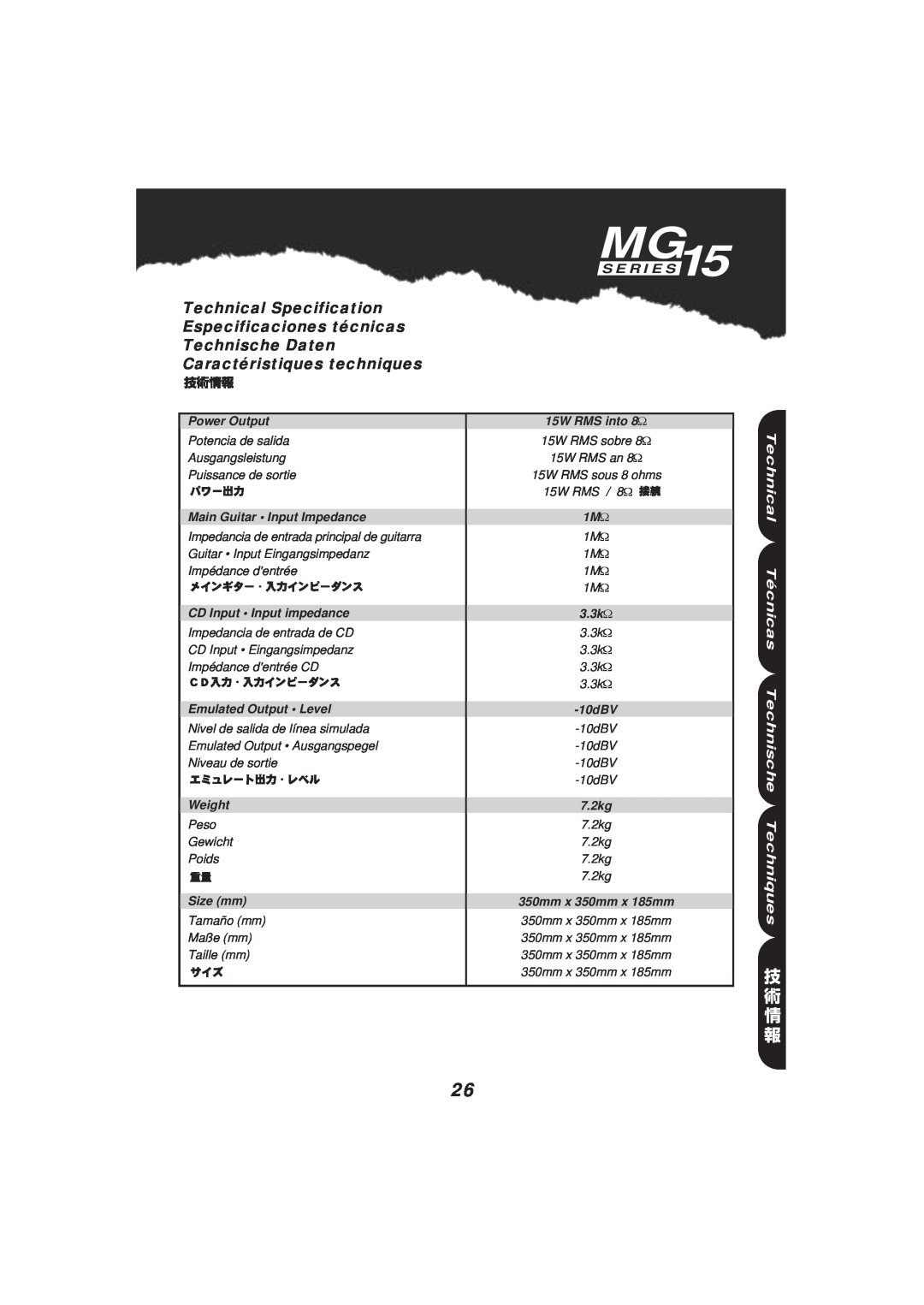 Marshall Amplification MG15 Series Technical Técnicas Technische Techniques, Technical Specification, Technische Daten 