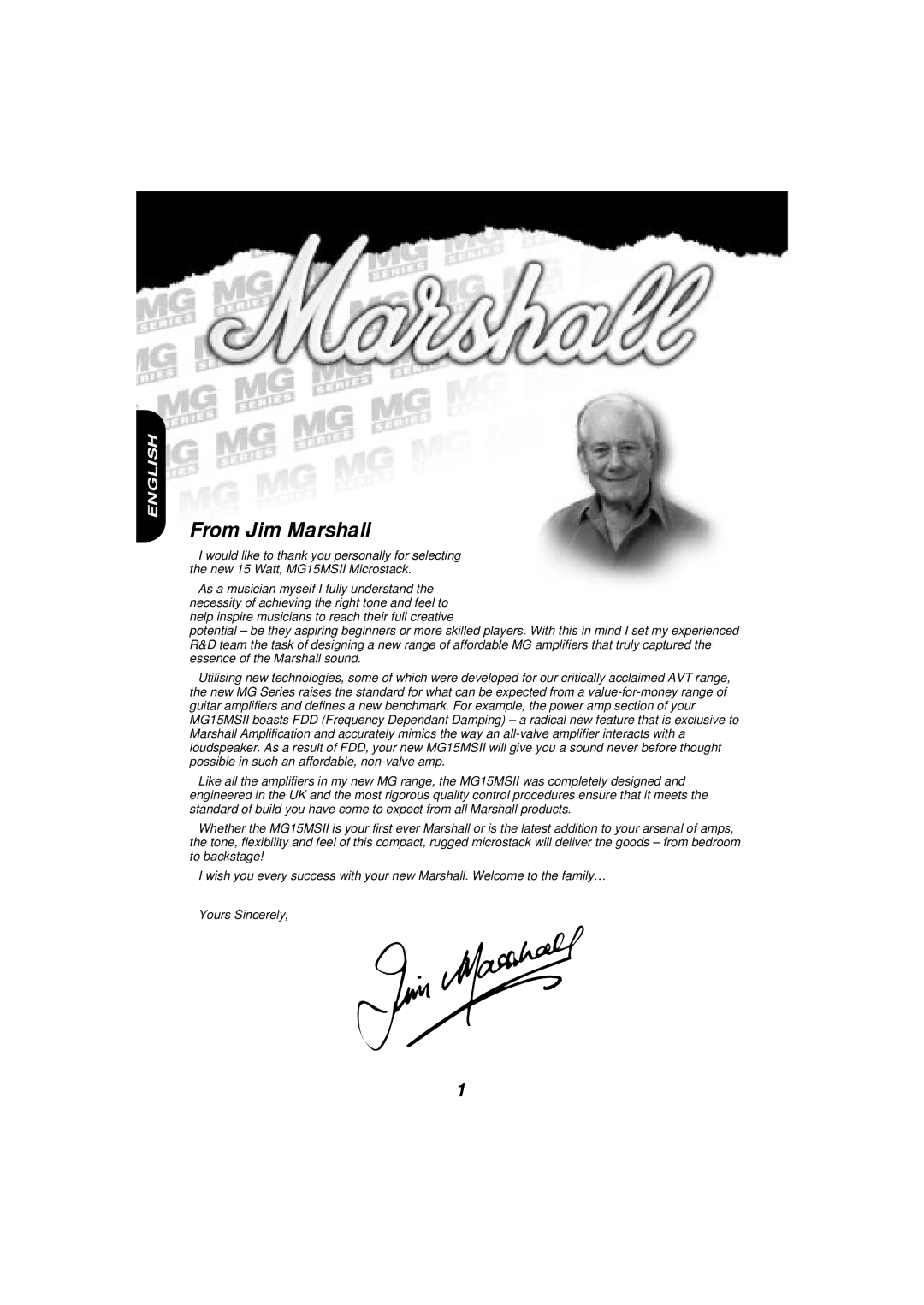 Marshall Amplification MG15MSII owner manual From Jim Marshall 