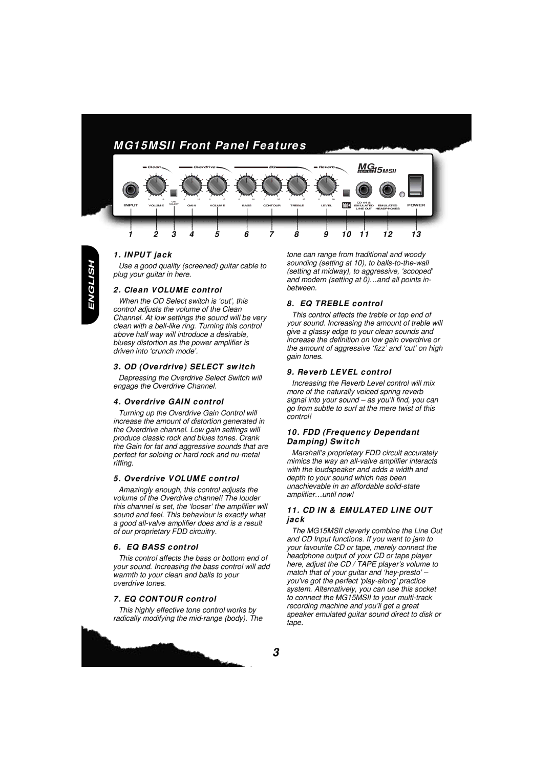 Marshall Amplification owner manual MG15MSII Front Panel Features 