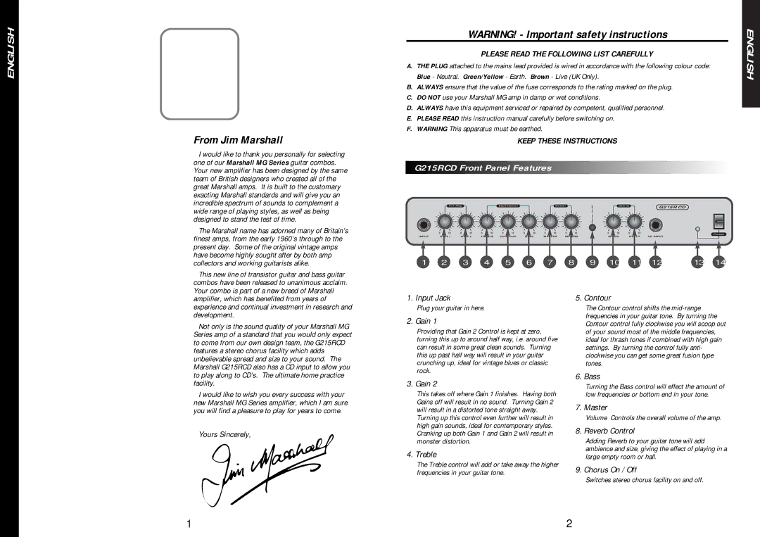 Marshall Amplification MG215RCD Input Jack, Gain, Treble, Contour, Bass, Master, Reverb Control, Chorus On / Off 