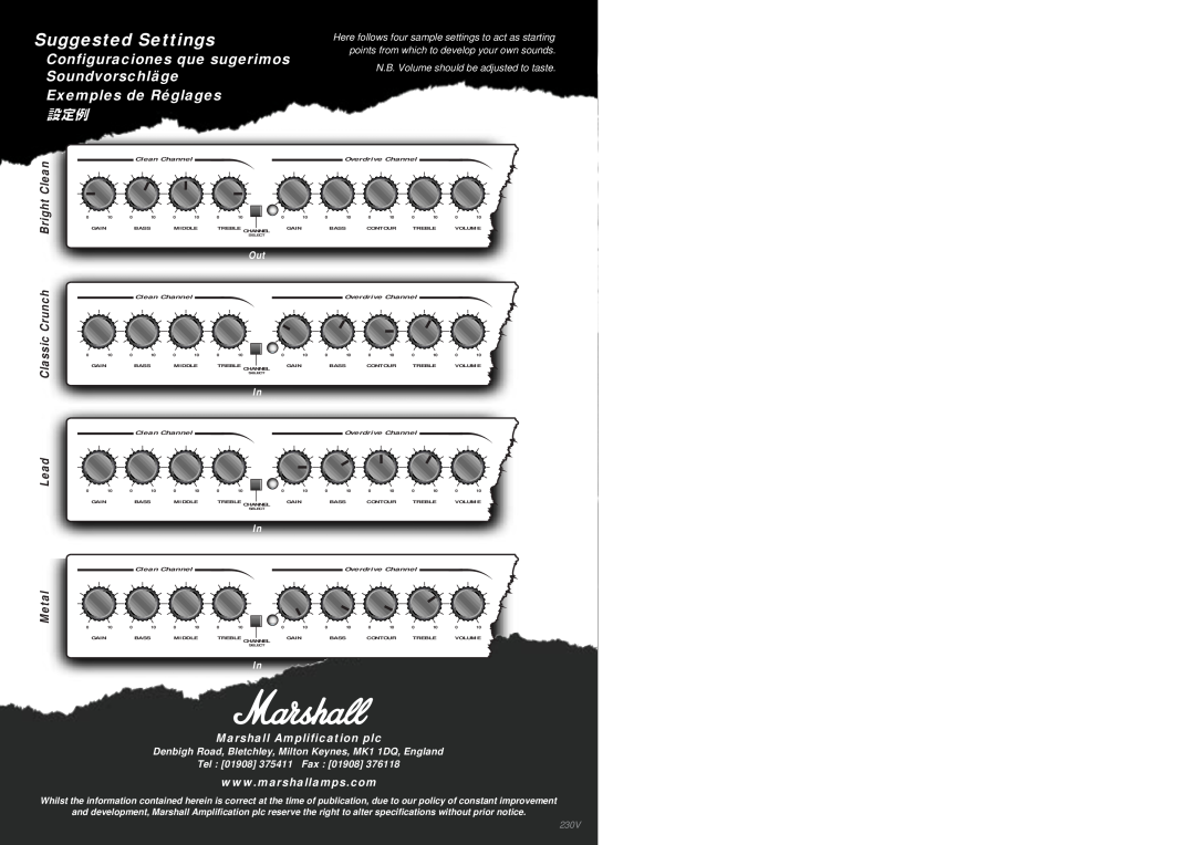 Marshall Amplification MG250DFX Suggested Settings, Marshall Amplification plc, Exemples de Réglages, Clean Channel, 230V 