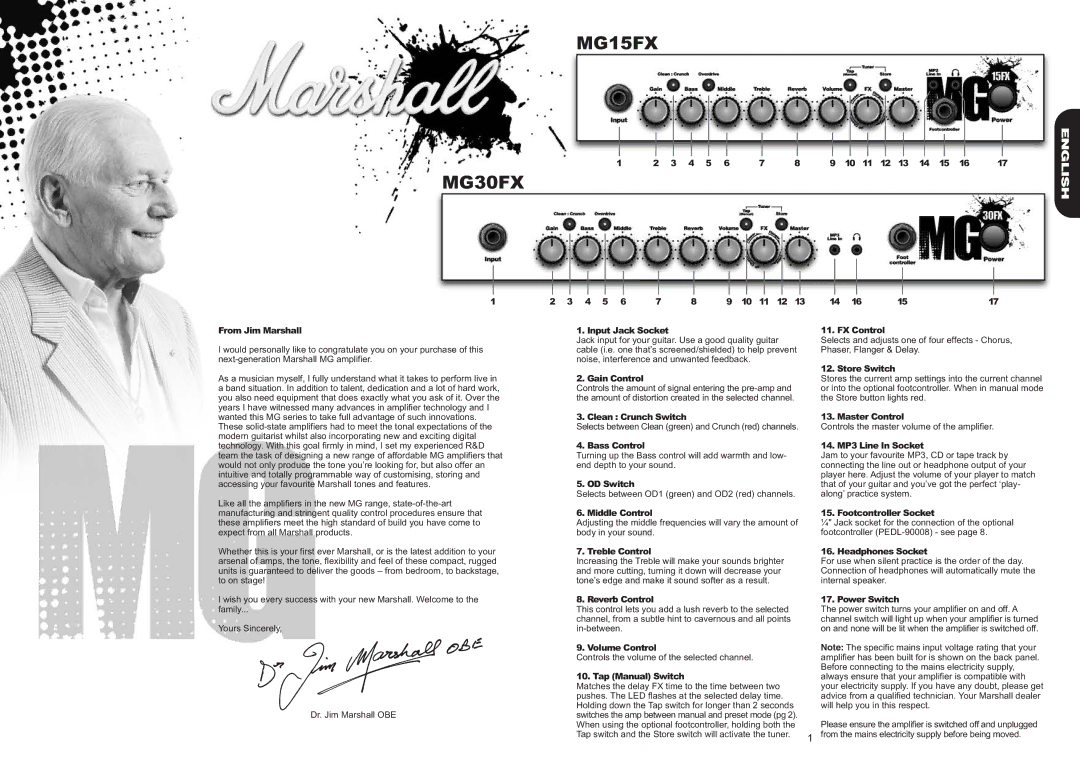 Marshall Amplification MG100HFX From Jim Marshall, Input Jack Socket, Gain Control, Clean Crunch Switch, Bass Control 